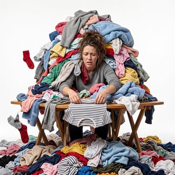 Overwhelmed woman buried in a huge pile of laundry struggling to fold clothes with a distressed expression Silhouette