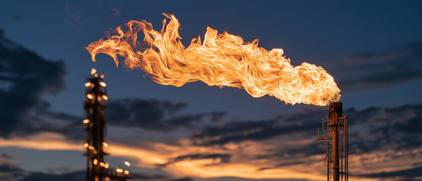 Gas Flare at Dusk: A dramatic gas flare erupts from an industrial flare stack against a twilight sky, symbolizing energy production and industrial processes.