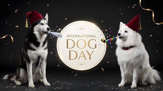 International dog day celebration with two dogs wearing party hats and confetti, international