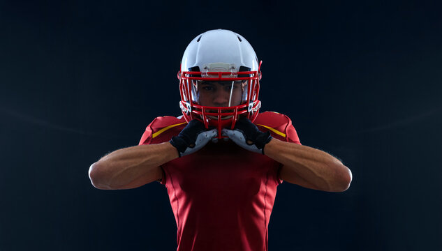 American football player banner in fire. Template for bookmaker ads with copy space. Sports betting, football betting, gambling, bookmaker, big win