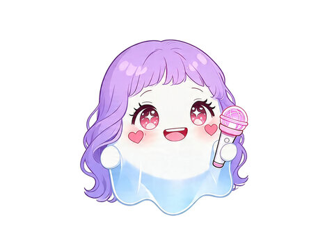 Cute cartoon ghost with purple hair, pink eyes, and microphone, playful pastel Halloween design.