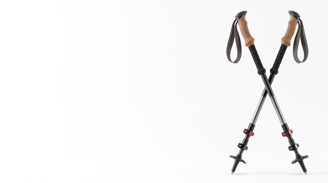Pair of Crossed Hiking Trekking Poles with Cork Handles and Adjustable Straps on White Background Silhouette