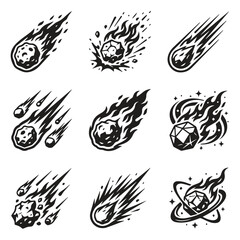 Set of comet and asteroid icons with motion effects asteroid astronomy © Kuhinur