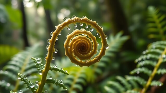 Silver fern frond unfurling with dewdrops in a rainforest.