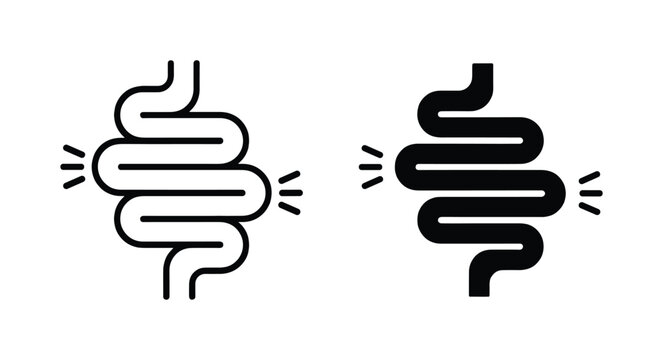 Intestinal Tract Symbol: A simplified graphic representation of the intestinal tract, showing a winding, segmented pathway with radiating lines indicating discomfort or pain.