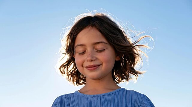 Young Girl With Eyes Closed Enjoying Fresh Air Under Sunny Sky Breathing Deeply