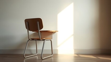 Fototapeta premium detention. Empty school chair with beam of cold daylight beside plain wall, discipline and silent reflection concept, lifestyle magazines.