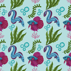 Naklejka premium Seamless vector pattern with blue betta fish, eels, and aquatic seaweed on a light blue background