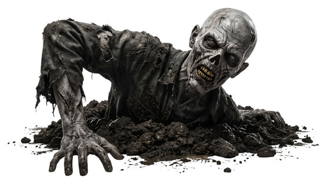 Scary zombie crawling out of the ground isolated on a black background for horror themes