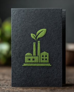 Eco-friendly factory logo on dark textured paper representing green energy and sustainable industrial production