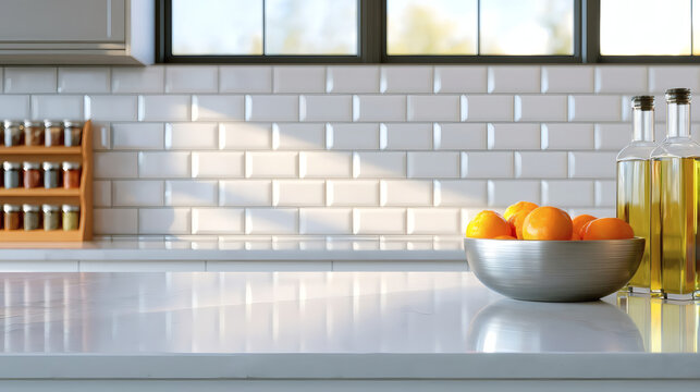 Modern kitchen interior with sunlight, marble countertop, bowl of fresh oranges, olive oil bottles, and spice jars on a white subway tile background.