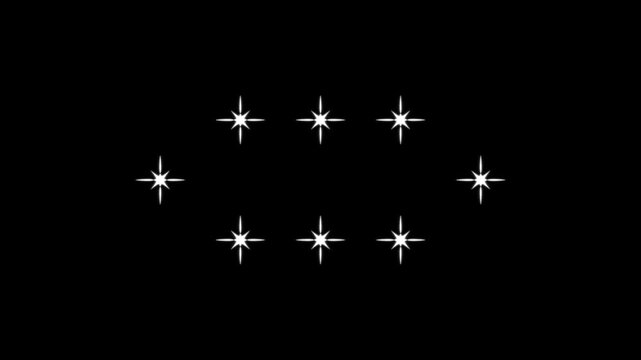 Animated white sparkling stars forming an oval border frame flickering on black background seamless loop