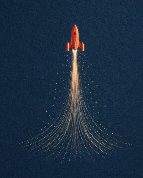 Red rocket launching upward with sparkling bright trail on dark textured background minimalist space ascent concept