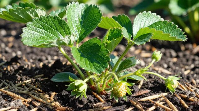 Close-up of a healthy strawberry plant with green leaves and developing unripe fruit growing outdoors