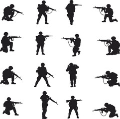 Obraz premium Set of black silhouettes of soldiers in various combat stances holding rifles, isolated on a white background, for military themes