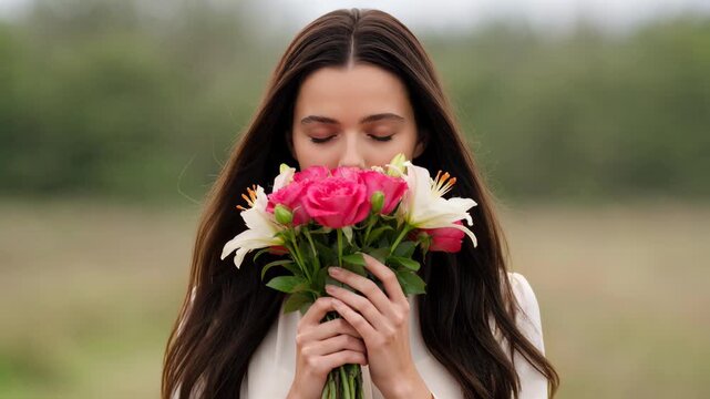Young Caucasian Woman Savoring Vibrant Floral Fragrance of Pink Roses and White Lilies, Smiling Softly with Hair Gently Moving in Natural Daylight Outdoor Field for Wellness Campaigns