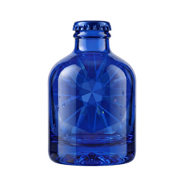 Squat stubby sapphire blue glass soda bottle with thick base, transparent isolated design element on pure transparent background