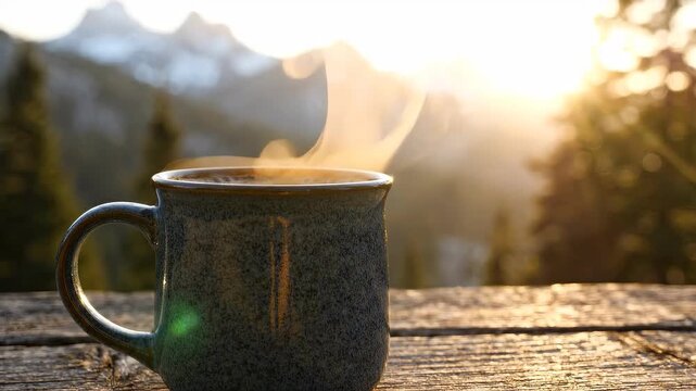 Steaming enamel coffee mug glowing in crisp sunrise light with misty mountain peaks, for outdoor adventure blogs, cozy lifestyle content, tranquil dawn footage
