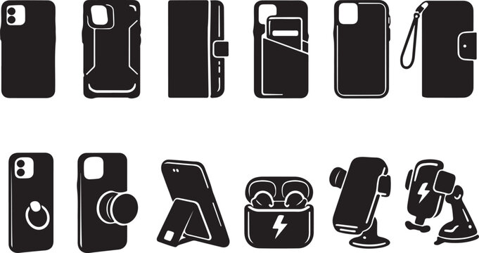 Smartphone cases and accessories collection on transparent background.