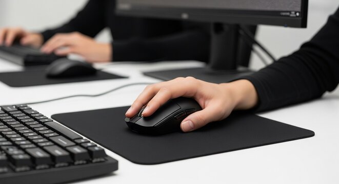 Close-up of Person's Hand Holding a Computer Mouse on a Desk with Keyboard and Monitor in Background