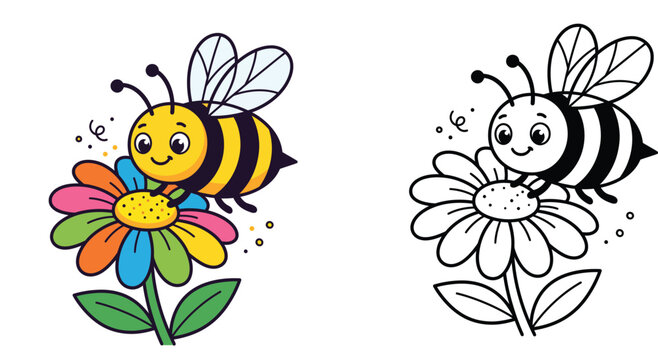 Cute cartoon bee on colorful flower
