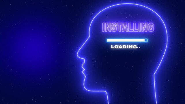 Installing Neon blue outline of a human head profile with the word Server Security and a loading bar on a dark blue starry background