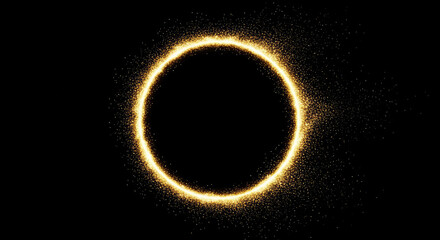 Naklejka premium A golden ring glows with sparkling particles against a stark black background. The ring is centered and appears to be the focal point of the image.