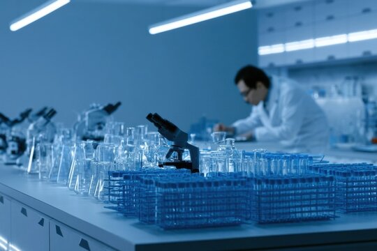 Scientific researcher in a laboratory working with microscopes and glassware