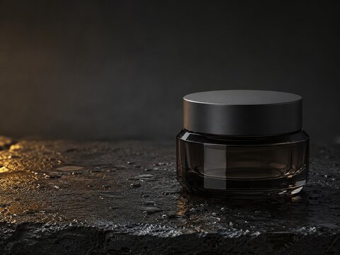 Premium unbranded black cosmetic jar displayed on wet basalt with water droplets, dramatic dark lighting and a restrained golden reflection.