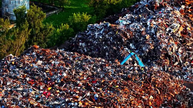 Riga, Latvia - 26 August 2025: Aerial view of a massive scrap metal yard with piles of discarded materials and industrial machinery for recycling operations.