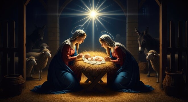 Nativity scene with Mary Joseph baby Jesus and animals in a stable religious artwork