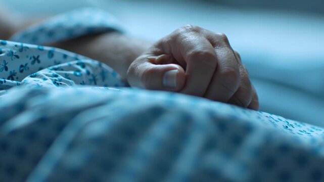 Close Up Of Hand Of Bedridden Patient Undergoing Palliative Care In Hospital Bed