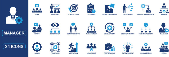 Fototapeta premium Manager Solid Icon Set Featuring Leadership, Supervision, Hiring, Coaching, Management, Teamwork, Delegation, Organization, Decision Making, Time Management, Performance and Development Vector Symbols