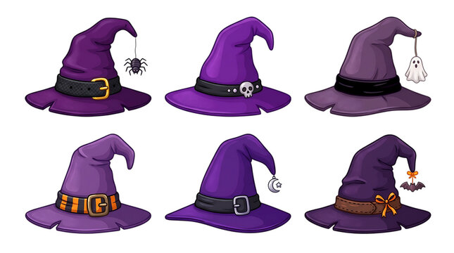 Collection of six purple witch hats with various spooky accessories for halloween costume design and decoration