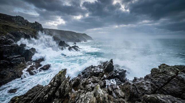 Powerful waves crash against rugged, dark rocks along a dramatic coastline. A stormy sky filled with dark, heavy clouds dominates the background, creating a sense of raw power and wildness.