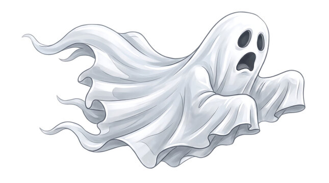 A cute cartoon ghost flying through the air isolated on a plain black background for halloween