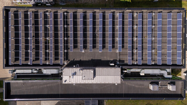Aerial view of solar panels installed on the roof of the Gdansk University of Technology Laboratory in Gdansk, Poland.