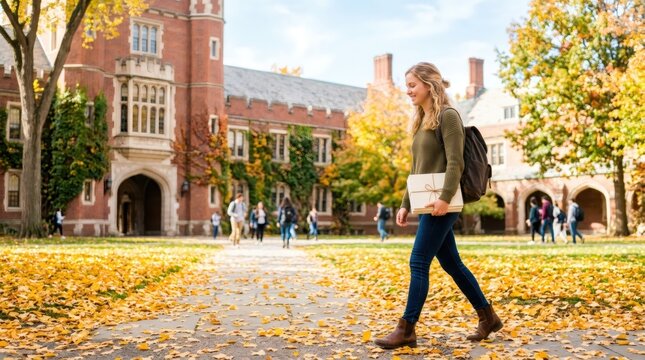 Student woman walking on university campus in autumn. Young girl with backpack and book on college grounds during fall season. Concept of back to school and higher education lifestyle.