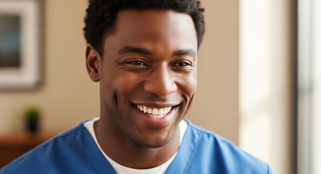 Close-up Portrait of a Cheerful Black Male Nurse or Doctor Smiling Warmly in a Blue Scrubs Uniform