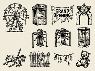 Fototapeta premium Abandoned carnival entrance elements, vintage horror linocut engraving, spooky amusement park set, black ink