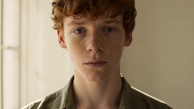 A young boy stands still in a bright room. Sunlight filters in through the windows. He has red hair and freckles. He gazes ahead thoughtfully