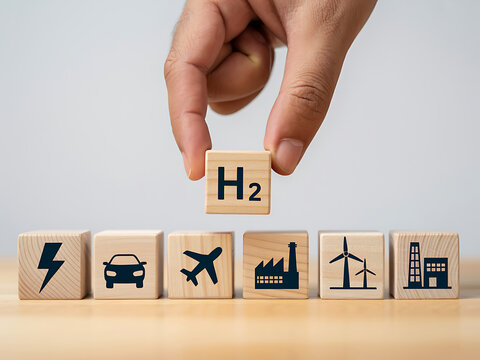 Hand holding h2 hydrogen fuel wood block