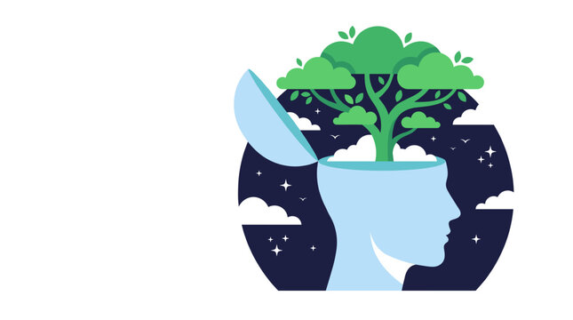 A symbolic illustration of a tree flourishing from an open head against a starry night sky, representing growth and ideas.