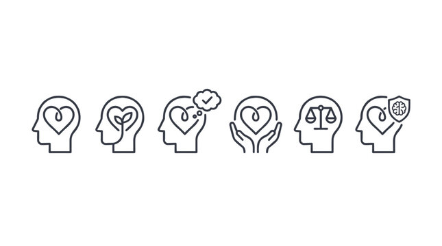 A set of six minimalist line icons depicting human heads with symbols representing mental health, growth, thought, care, balance, and protection.