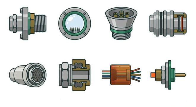 Isolated JPG illustration of subsea hermetic connectors icon pack, featuring wet-mate connectors, bulkhead feedthroughs, and marine cable seals.