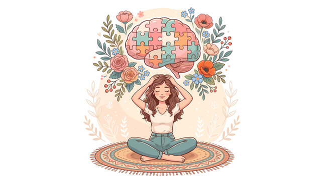 A serene woman meditates with a puzzle-piece brain above her head, surrounded by blooming flowers and leaves.