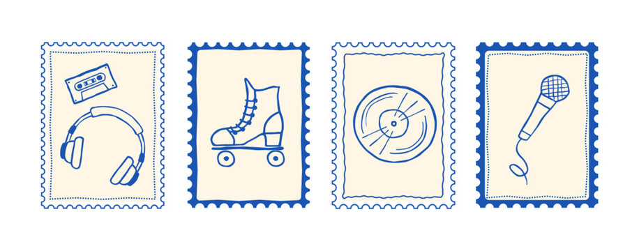 Set of whimsical stamp frames postcard and postage edge ticket with headphone, tape, roller skates, disc, microphone. Vector postal shape. Zigzag photo badge and template border card.
