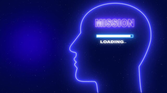 Mission Neon blue outline of a human head profile with the word Server Security and a loading bar on a dark blue starry background