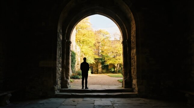 Man stands in a dark stone archway looking at a sunlit autumn garden. Silhouette of a man at the entrance of an old European castle courtyard. Travel, peace and exploration concept.
