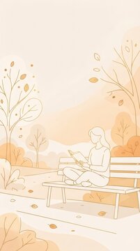 Woman reading book while sitting on park bench. Autumn landscape illustration with falling leaf and tree. Relaxing leisure activity, tranquil nature scene and peaceful lifestyle concept.